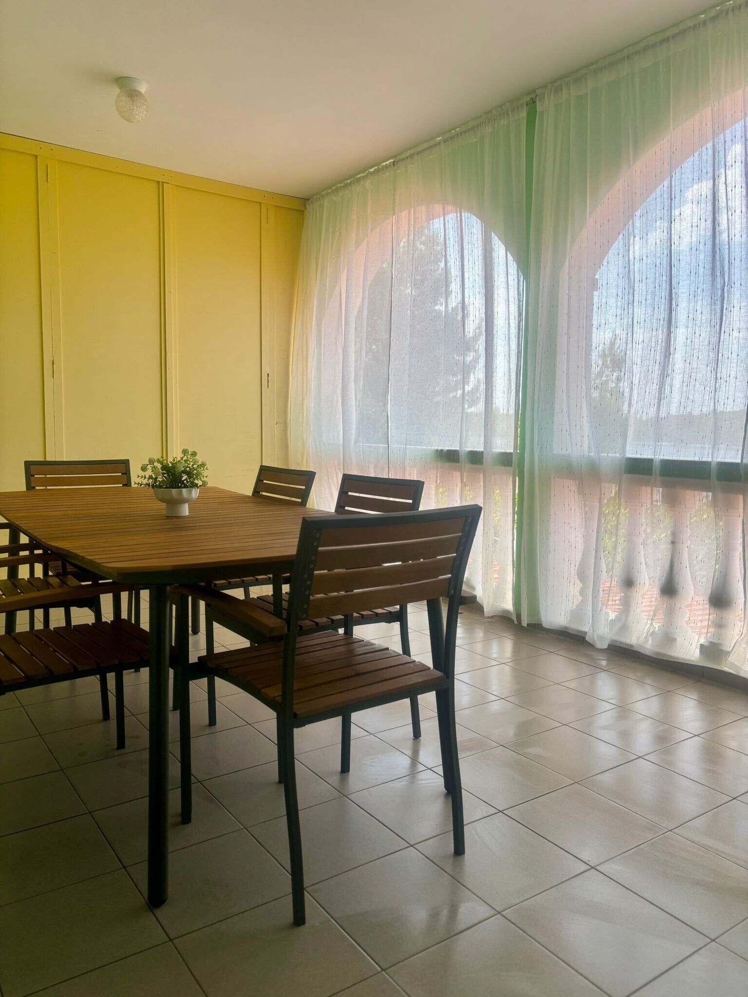 A dining area with a wooden table and chairs, a potted plant, and a yellow wall.