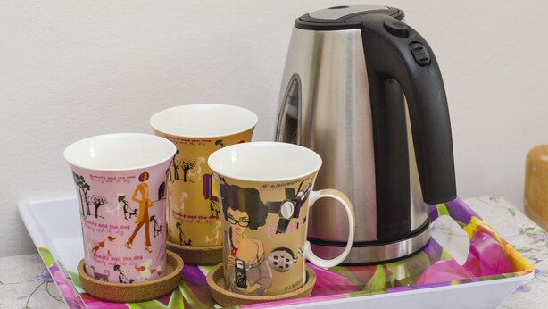 A stainless steel kettle and two mugs with dog illustrations on a tray.