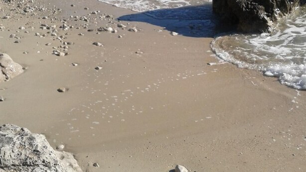 Una playa con piedras y una roca grande al frente, un mar azul y transparente, y montañas en el fondo.