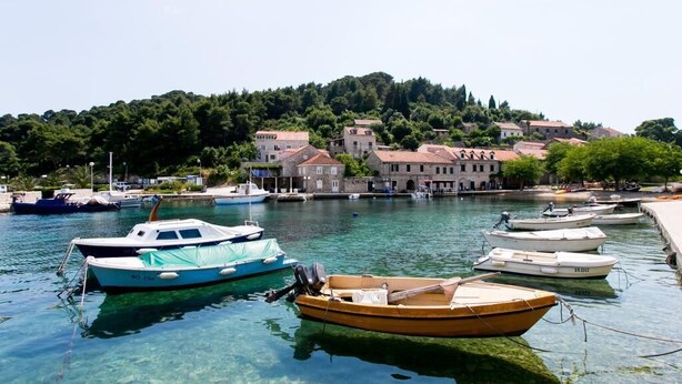 Ein Yachthafen mit mehreren anlegenden Booten, ein Gebäude am Wasser und ein Hügel mit Bäumen im Hintergrund.