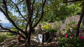 A garden with a stone wall, a tree, and a stone bench. - Studio Maro - Studio Apartment with Terrace (Dubrovnik)
