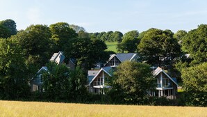 A row of houses with a field in the foreground and trees in the background. - Trewhiddle Cottage 42 (St Austell)