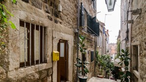 Una estrecha calle adoquinada con edificios de piedra, una puerta de madera y plantas en macetas.