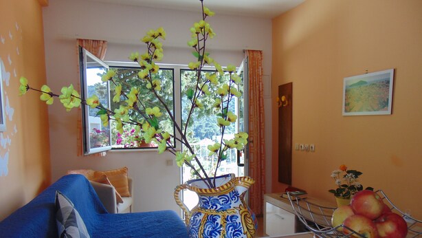 A room with a sofa, a vase with flowers, and a fruit basket on a table. - Apartments Elelu-One-Bedroom Apartment with Terrace (Dubrovnik)