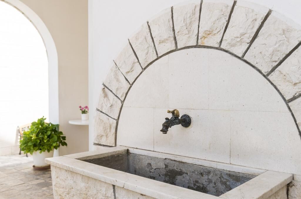 A stone-tiled outdoor water feature with a central spout, set in a stone basin, surrounded by a white wall and an archway.