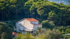 Een twee verdiepingen tellend huis met een rode dakbedekking, omgeven door weelderige groene bomen.