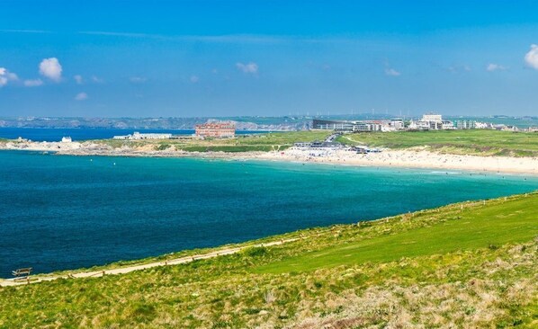 A coastal view with a beach, a grassy area, and buildings in the background.