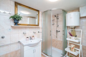 Hair dryer, towels, soap, toilet paper