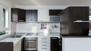 Eine moderne Küche mit dunklen Schränken, einer Edelstahl-Spüle und einem eingebauten Backofen.