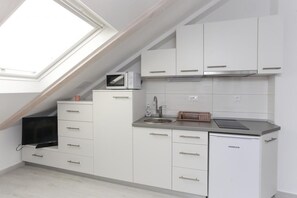 Kühlschrank, Mikrowelle, Herdplatte, Kochgeschirr/Geschirr/Besteck