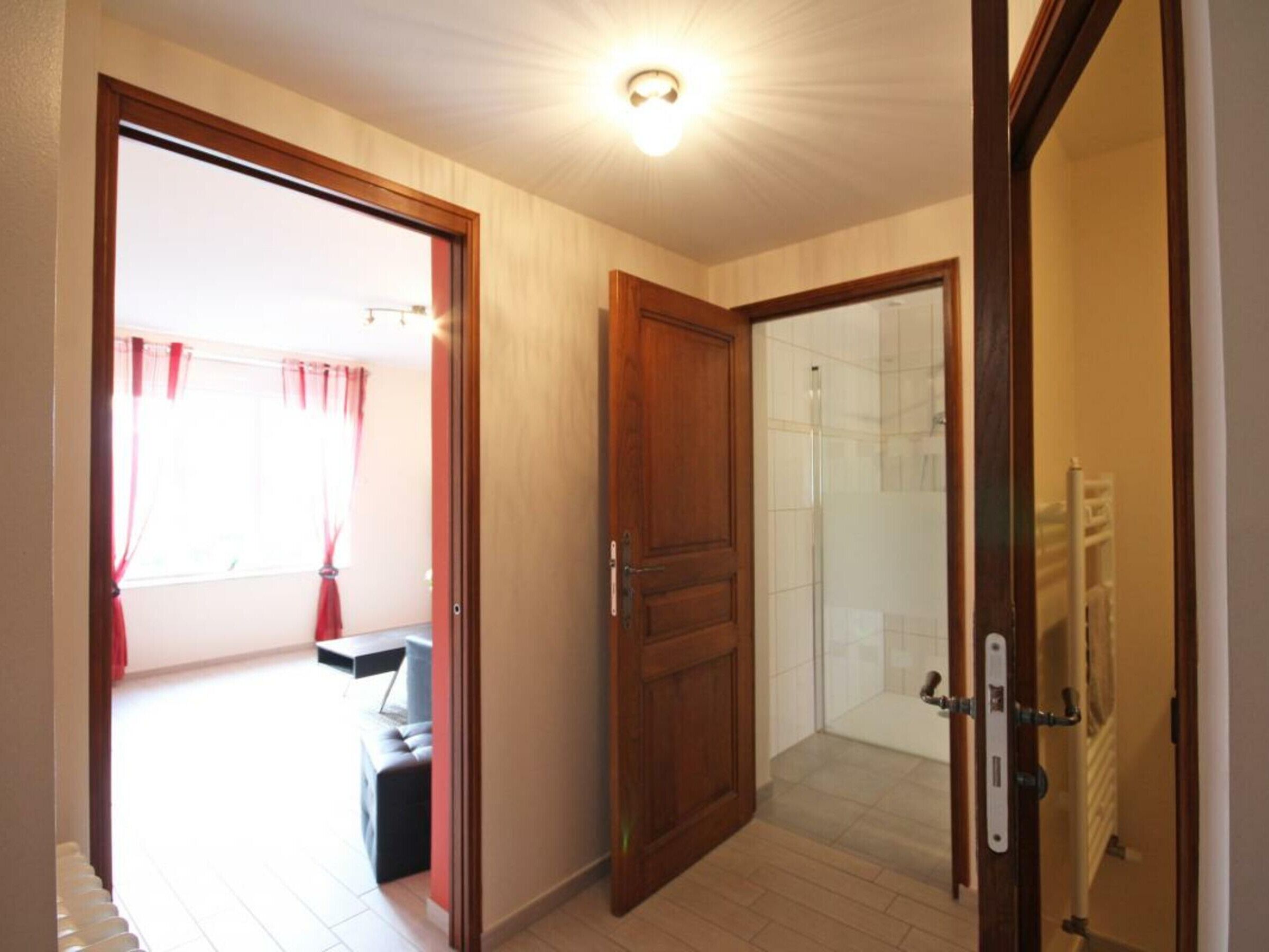 Hotelkamer met een houten deur, een douchedeur van glas en uitzicht buiten door een raam met rode gordijnen.