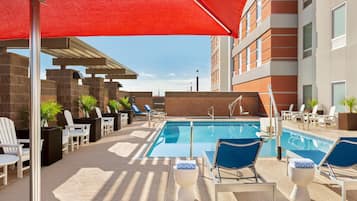 Outdoor pool, pool umbrellas, pool loungers