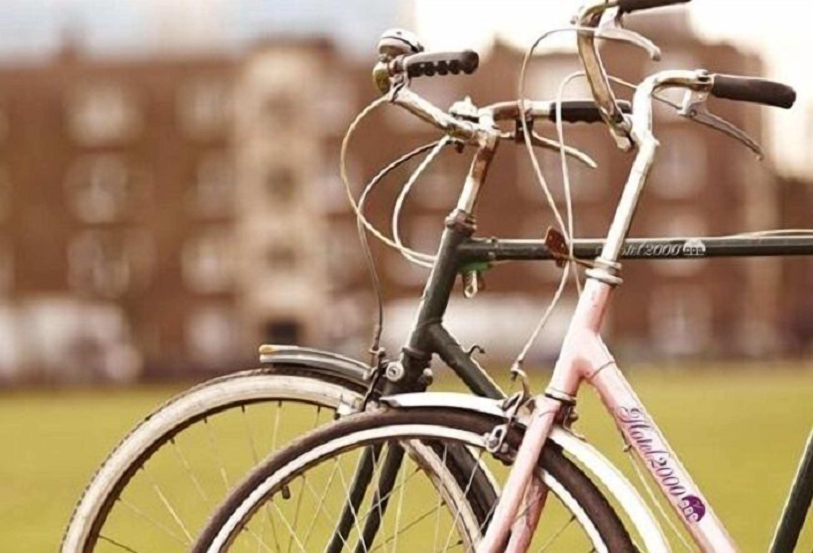 A bicycle with a pink frame and a black seat, leaning against a metal structure.