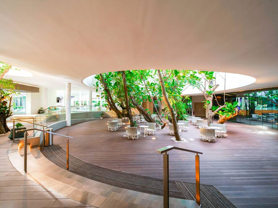 A spacious indoor atrium with a central tree, surrounded by seating areas and a glass railing.