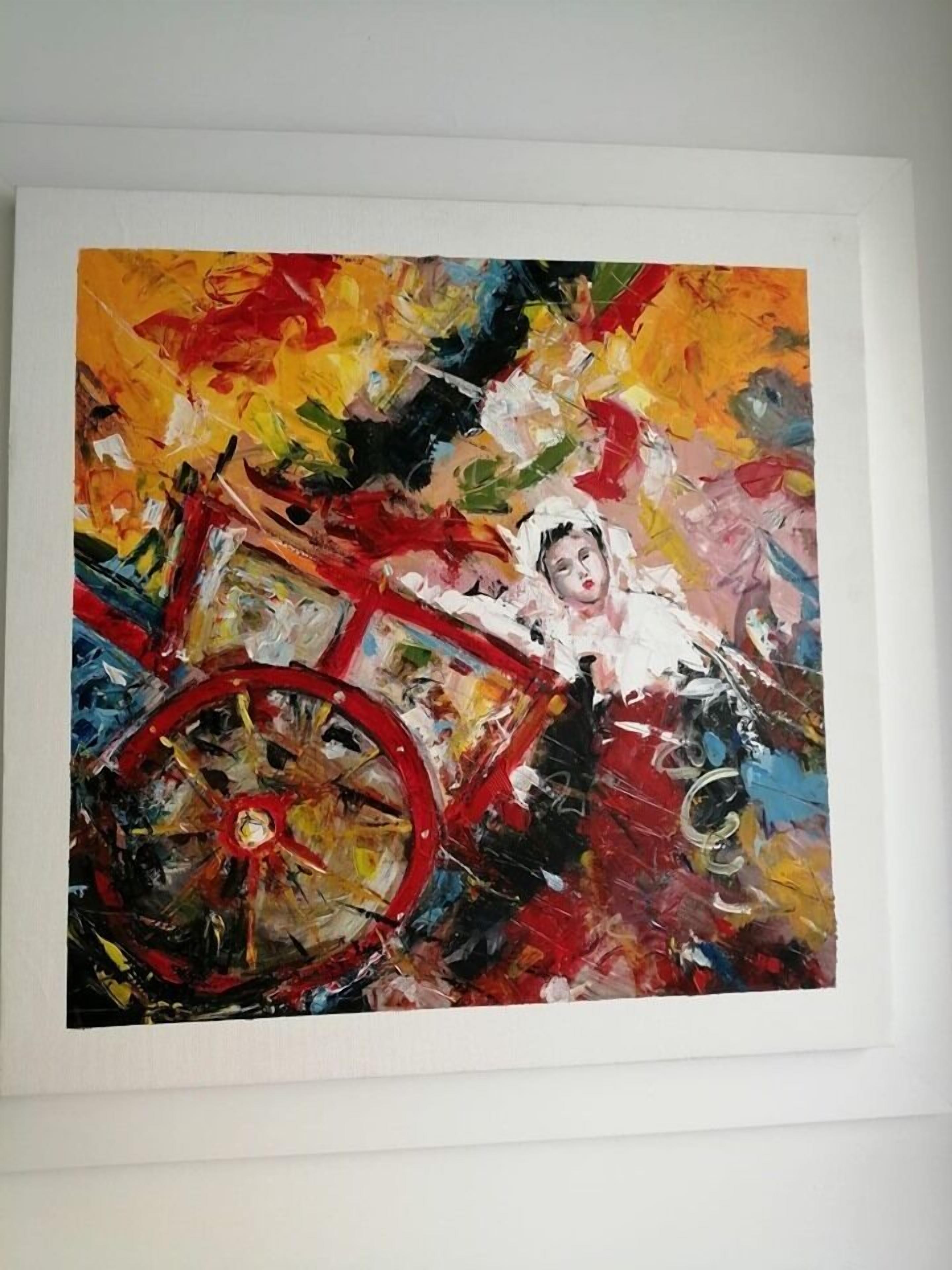 A painting of a red bicycle with a blurred figure, framed on a white wall.