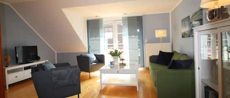 Una televisión, un reproductor de DVD, libros