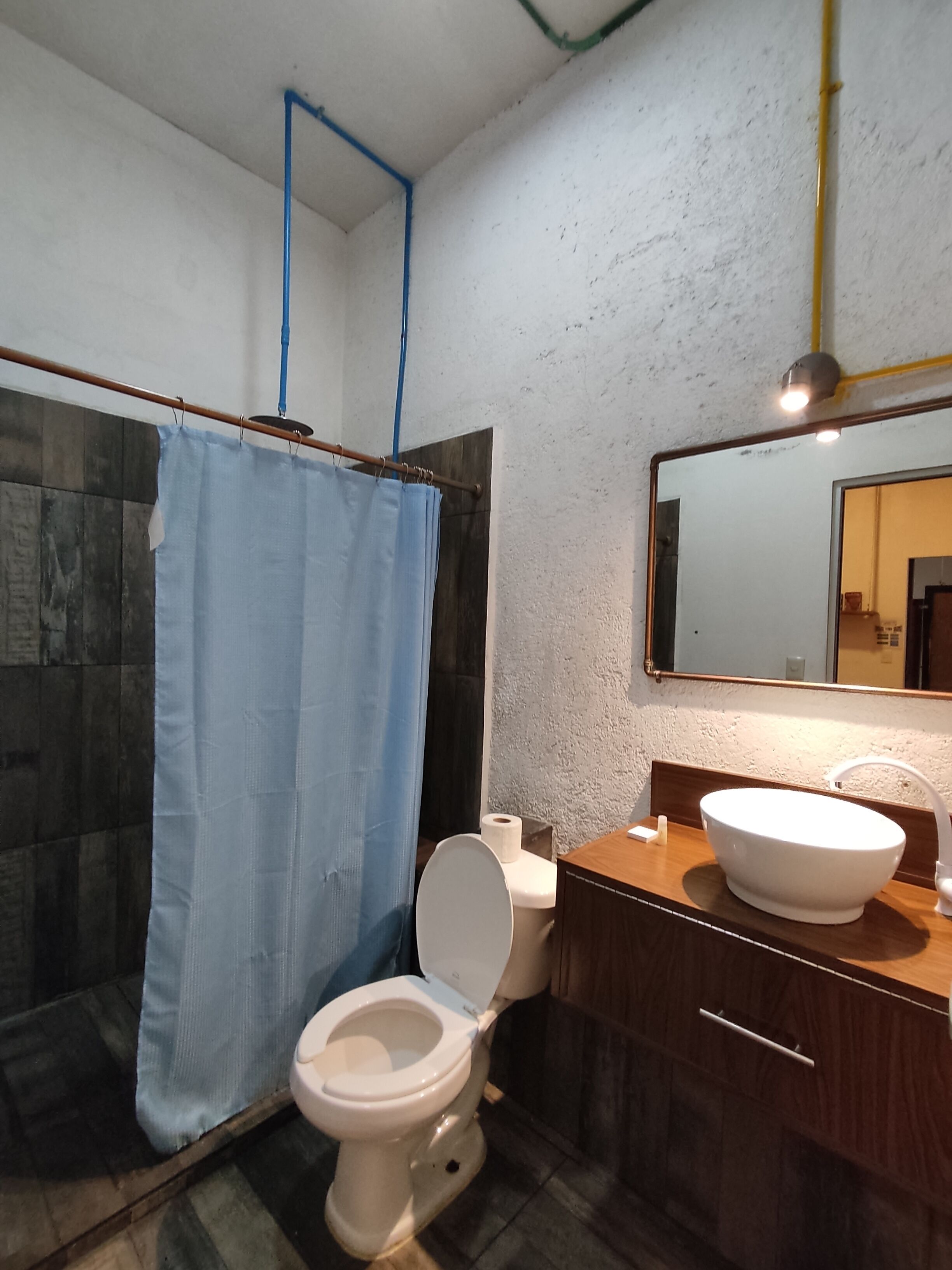 Une salle de bain avec des toilettes blanches, un rideau de douche bleu, un meuble-lavabo en bois avec un lavabo blanc et un miroir au-dessus du lavabo.