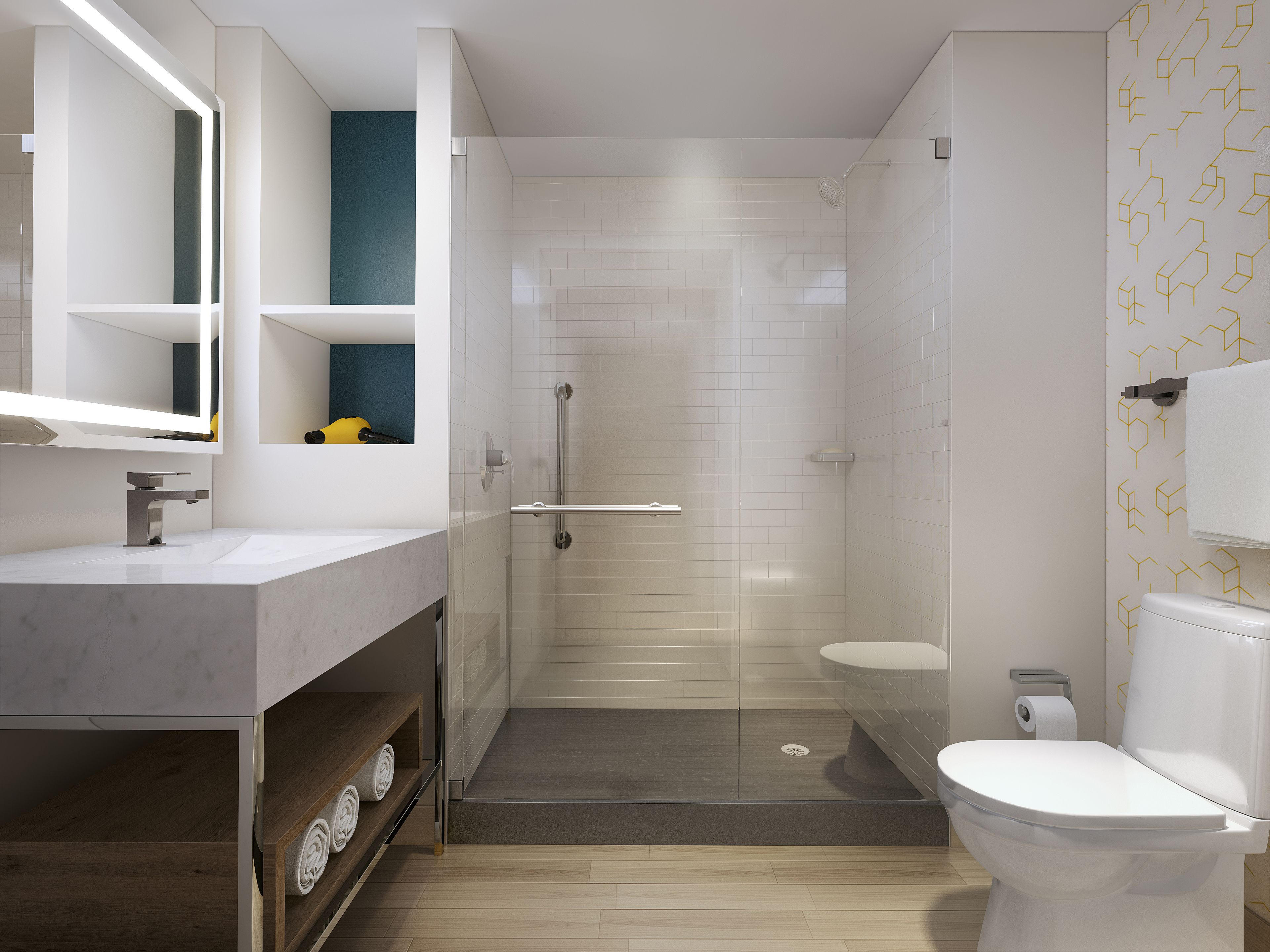 shower, designer toiletries, hair dryer, bathrobes