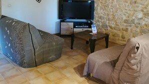 Un salon chaleureux avec un mur en pierre, un téléviseur à écran plat, un fauteuil en forme de sac et un fauteuil rembourré.