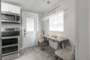 Microwave, coffee/tea maker, cookware/dishes/utensils