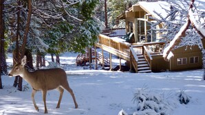 A snow-covered deck with a staircase leading to a cabin. - Scenic Wonders Arrow Lodge 4 Bedrooms (Yosemite National Park)