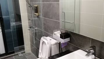 Hair dryer, towels, shampoo