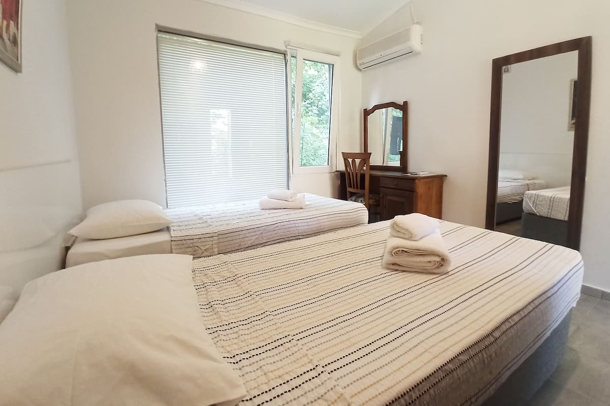 A bedroom with two beds, a dresser, a mirror, and an air conditioning unit.