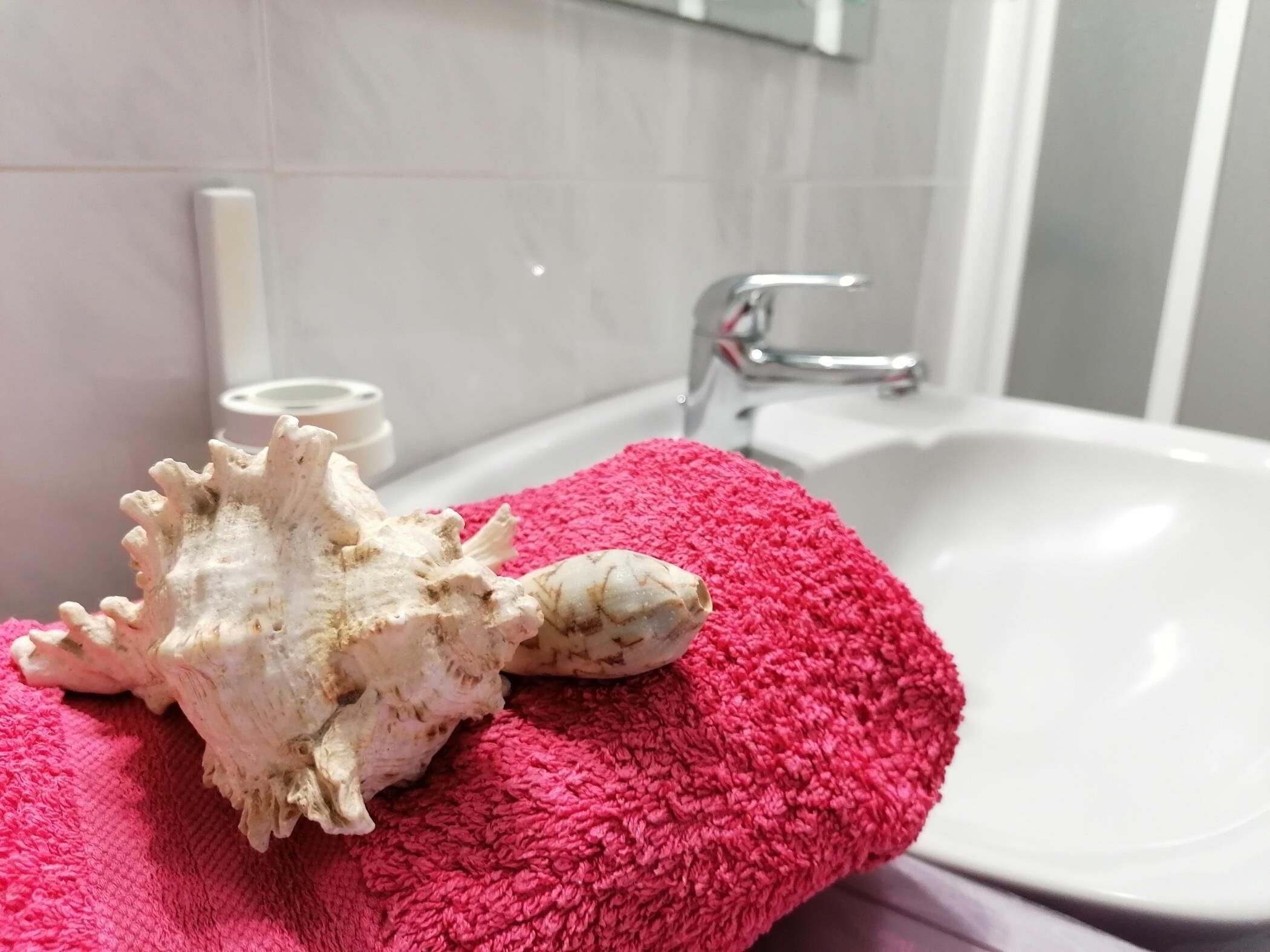 Ett badrum med ett vitt handfat, en rosa handduk och ett stort snäckskal.
