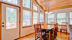 A dining area with a wooden table and chairs, large windows with blinds, and a wooden ceiling. - Scenic Wonders  Bear Den 5 Bedrooms (Yosemite National Park)