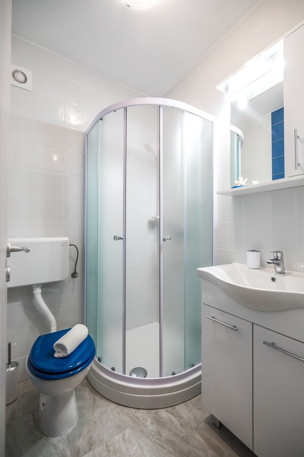 Un baño moderno con cabina de ducha de vidrio, un inodoro blanco con tapa azul y un lavamanos blanco con espejo sobre él.