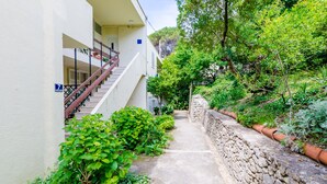 Un camí estret flanquejat per vegetació exuberant i una paret de pedra, que condueix a un edifici amb una escala i un balcó.