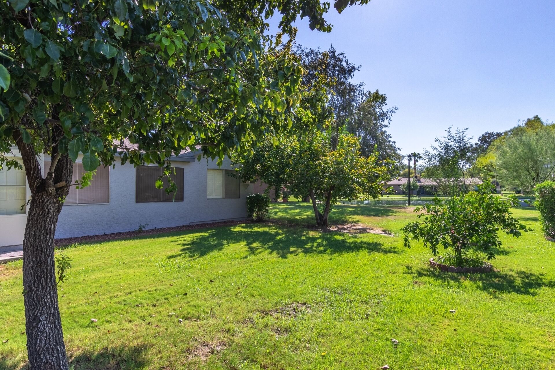 A grassy area with a building that has a white exterior and large windows.