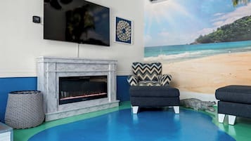 Televisio, takka, kirjoja, työhuone