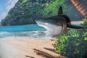 A shark swimming near a beach with a forested hill in the background. - The Charleston Experience-Free PoolHeat N GolfCart (Destin)