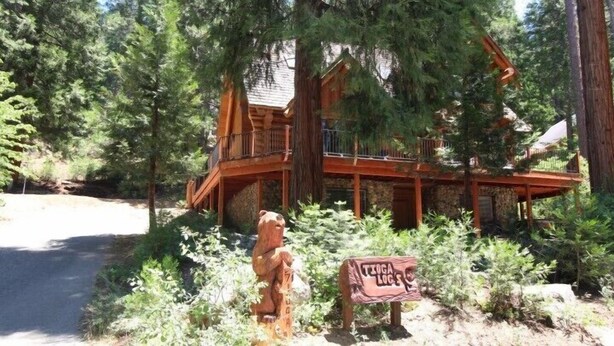 A wooden cabin with a balcony, surrounded by dense forest.
