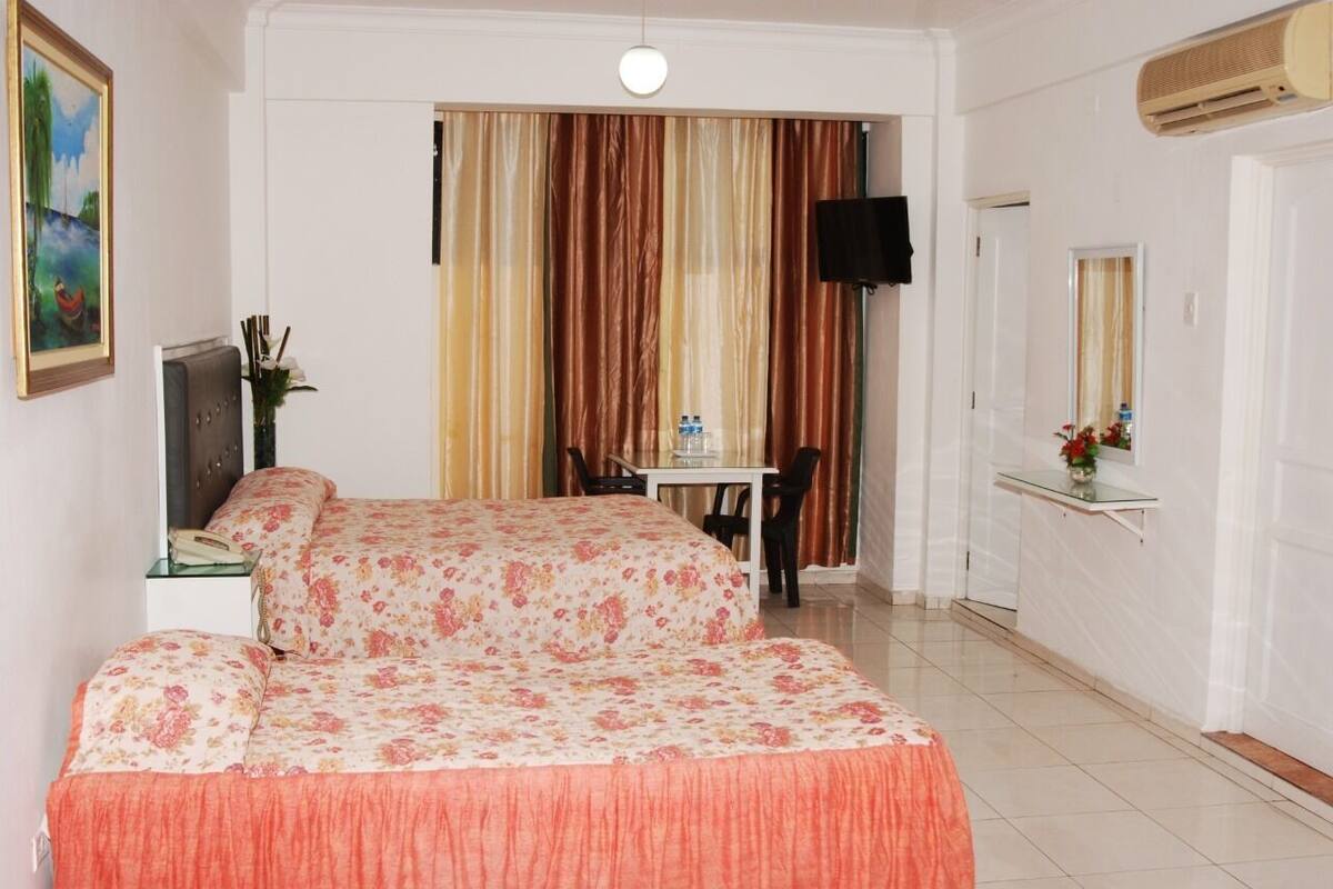 Une chambre d’hôtel avec un lit, un bureau, une chaise, une télévision et un miroir.
