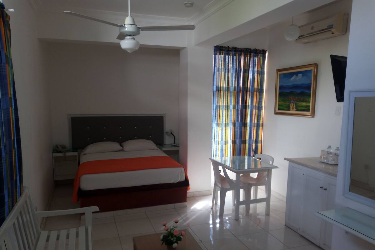 Une chambre d’hôtel équipée d’un lit, d’un bureau, d’une chaise, d’une télévision et d’un ventilateur de plafond.