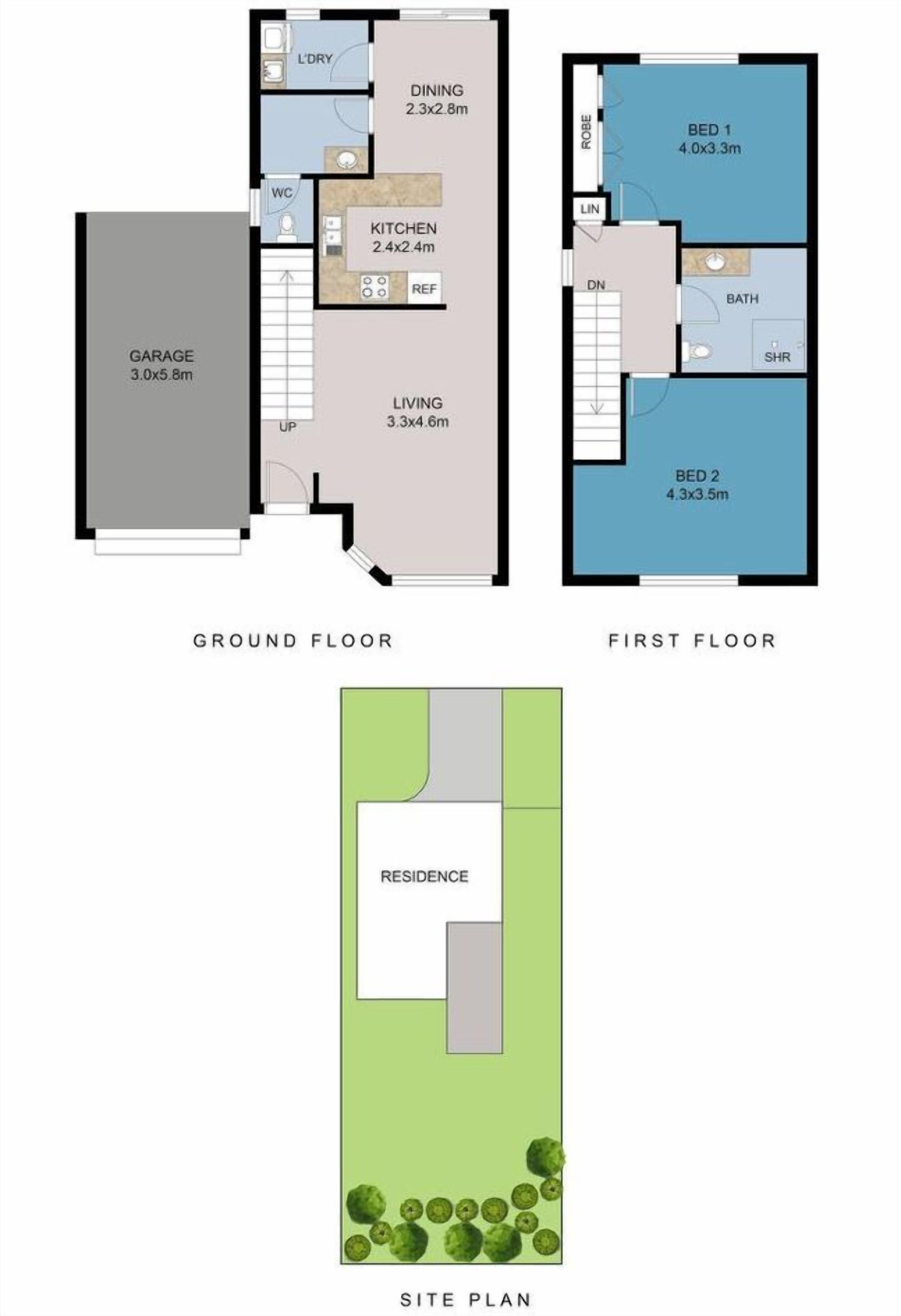 Une maison à deux étages avec un garage au rez-de-chaussée, un salon, une cuisine, un coin repas, deux chambres, une salle de bain et un petit espace buanderie.