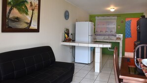 Un espace de vie compact comprenant un coin cuisine, un coin repas et un salon avec un canapé.