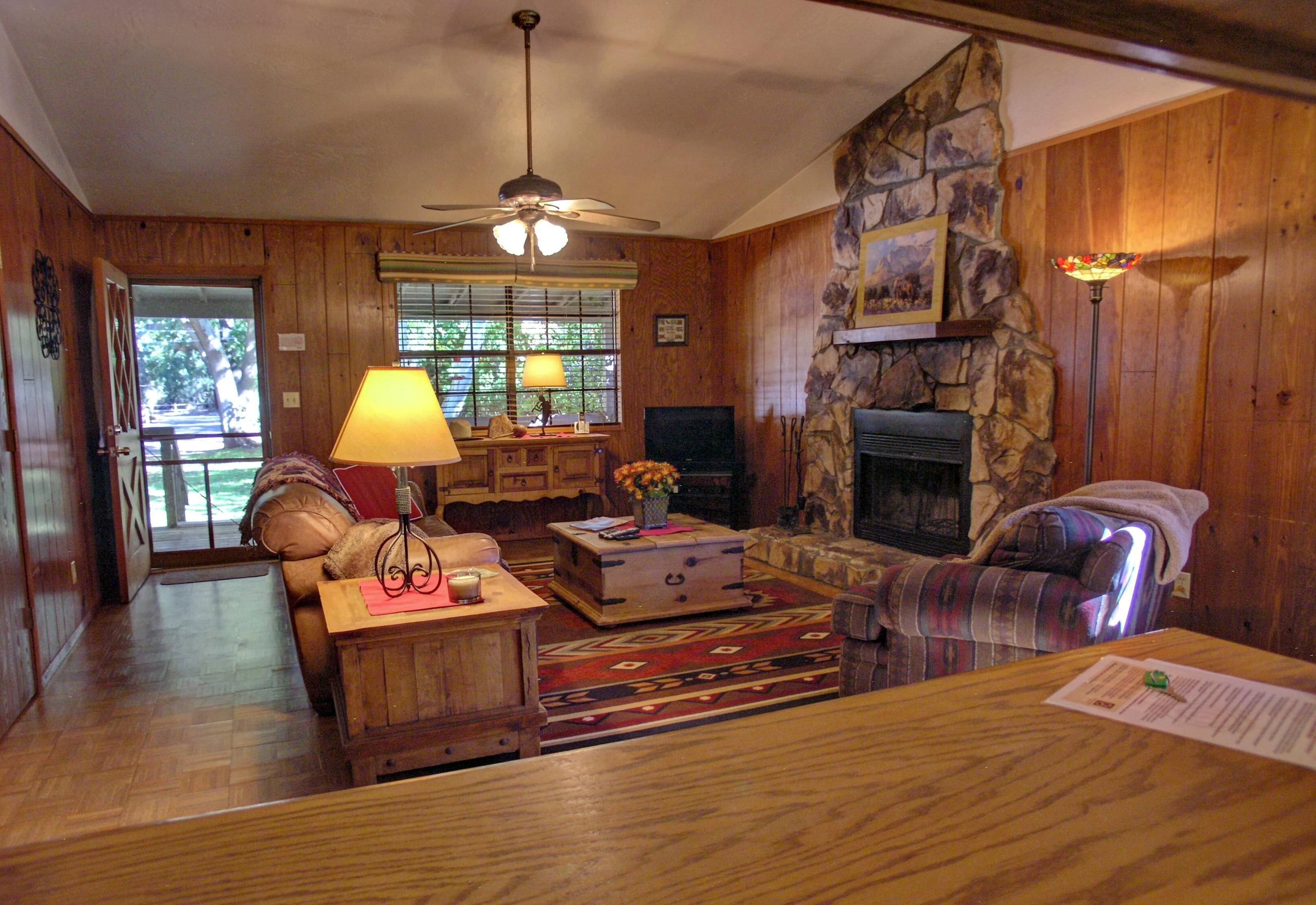 Smart TV, fireplace, books