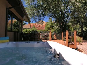 A hot tub area with a view of red rock formations. - Very Popular! Awesome Red Rock Views & Private Outdoor Living Space with Hot Tub (Sedona)