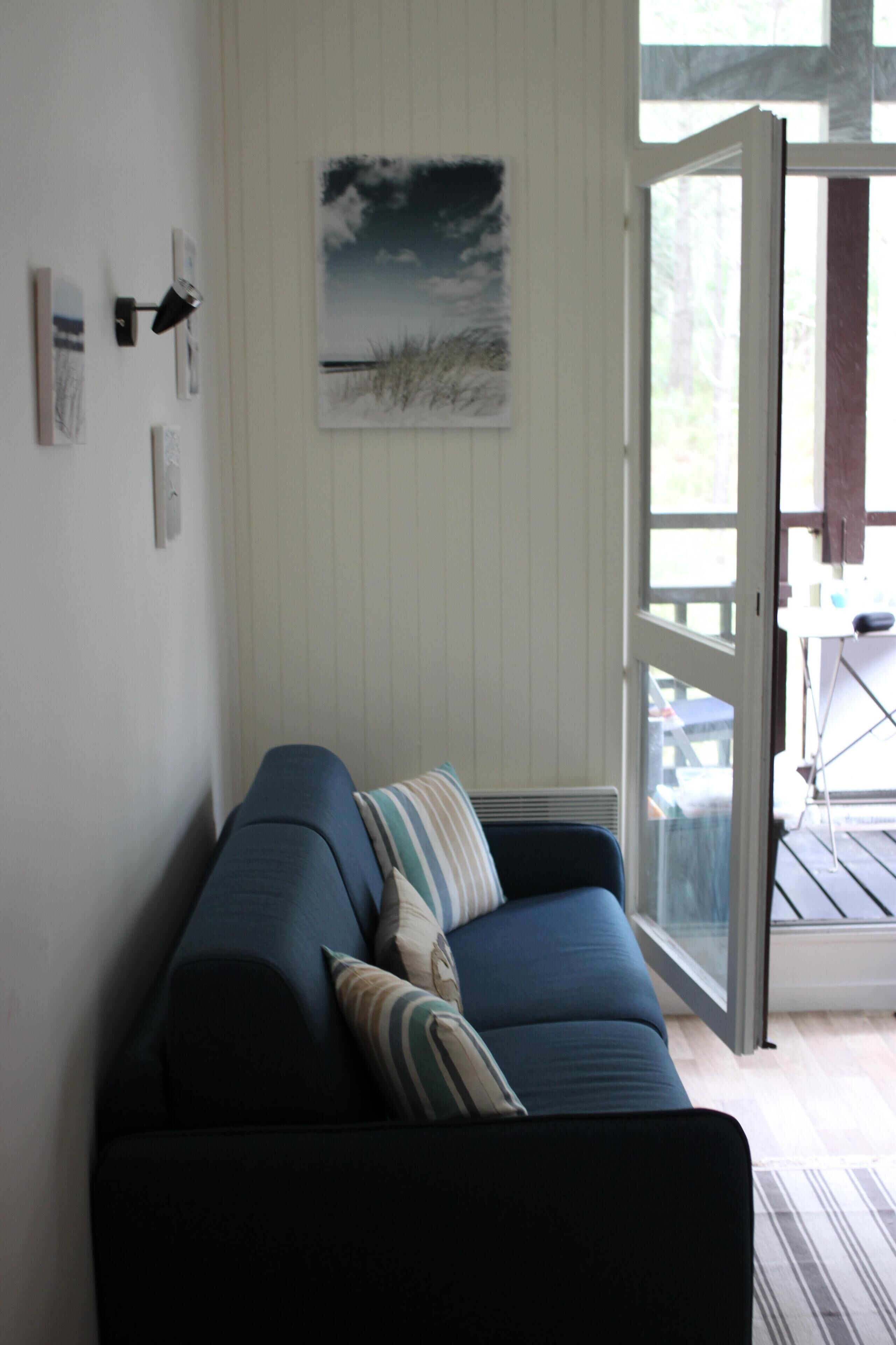 A room with a blue sofa, a painting of a landscape, and a door leading outside.