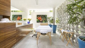 A modern bathroom with a wooden vanity, a bed, and large potted plants. - 2BDR 2.5Bath Vacation House w/Private Pool Steps from the Beach (San Francisco)