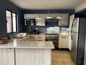 Frigorífico, microondas, horno y placa de cocina