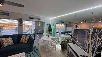 Smart TV, fireplace, DVD player, books