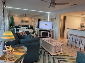 Smart TV, fireplace, DVD player, books