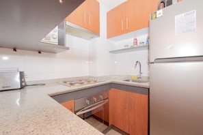 Fridge, microwave, oven, electric kettle