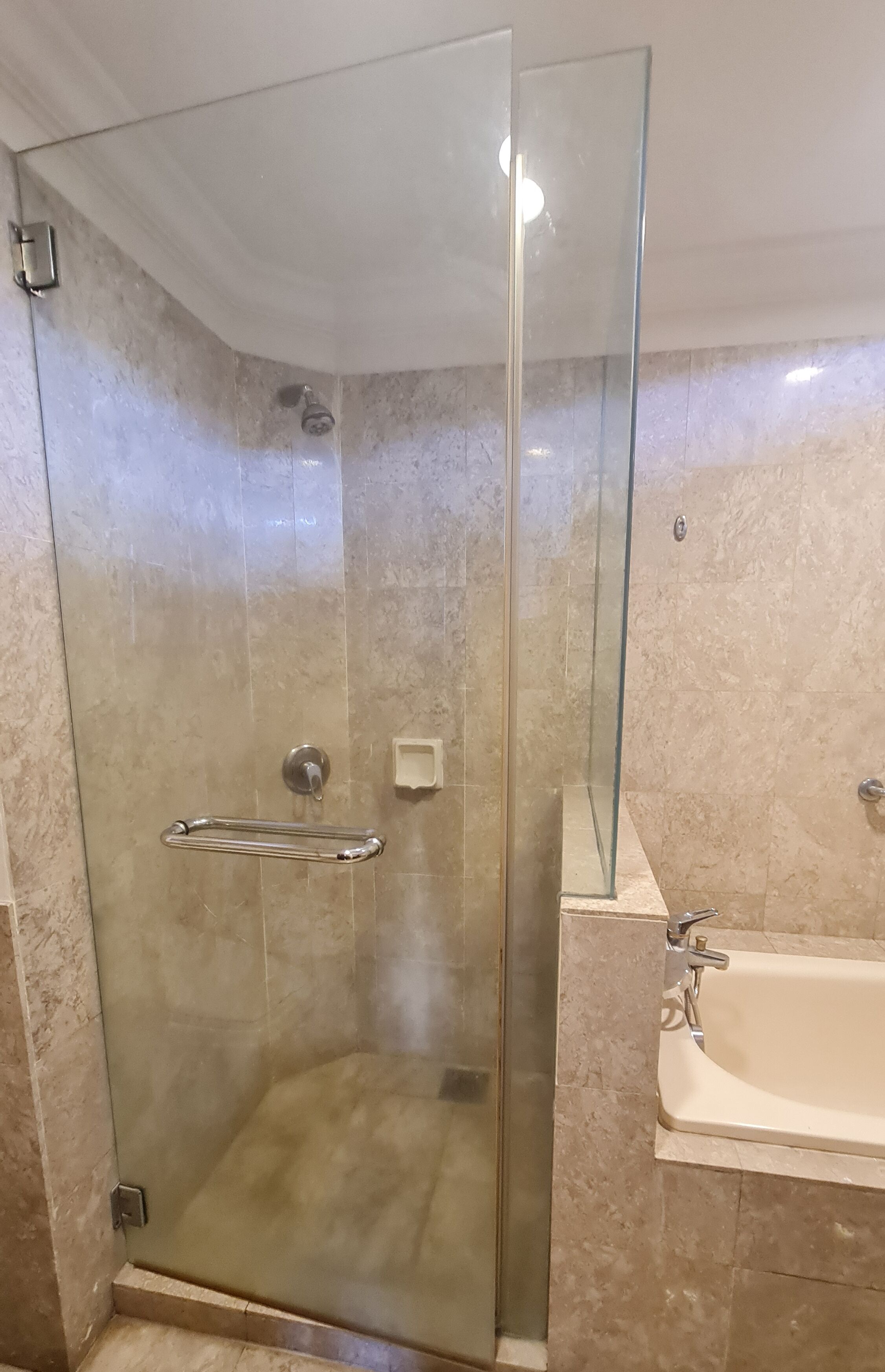 A glass-enclosed shower with a handrail, a bathtub, and beige marble tiles.