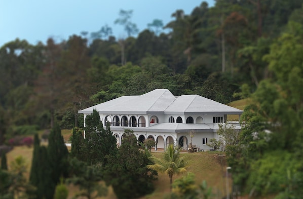 A large, white building with multiple arches and a flat roof, surrounded by lush greenery.