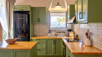 Superior Double Room, 2 Bedrooms, Pool View | Private kitchen | Full-size fridge, microwave, stovetop, espresso maker